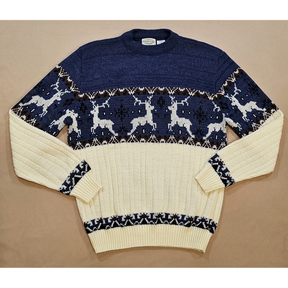 Vintage Flat Iron Mills Mens L Fair Isle Deer Acrylic Ribbed Sweater‎ Crew Neck
